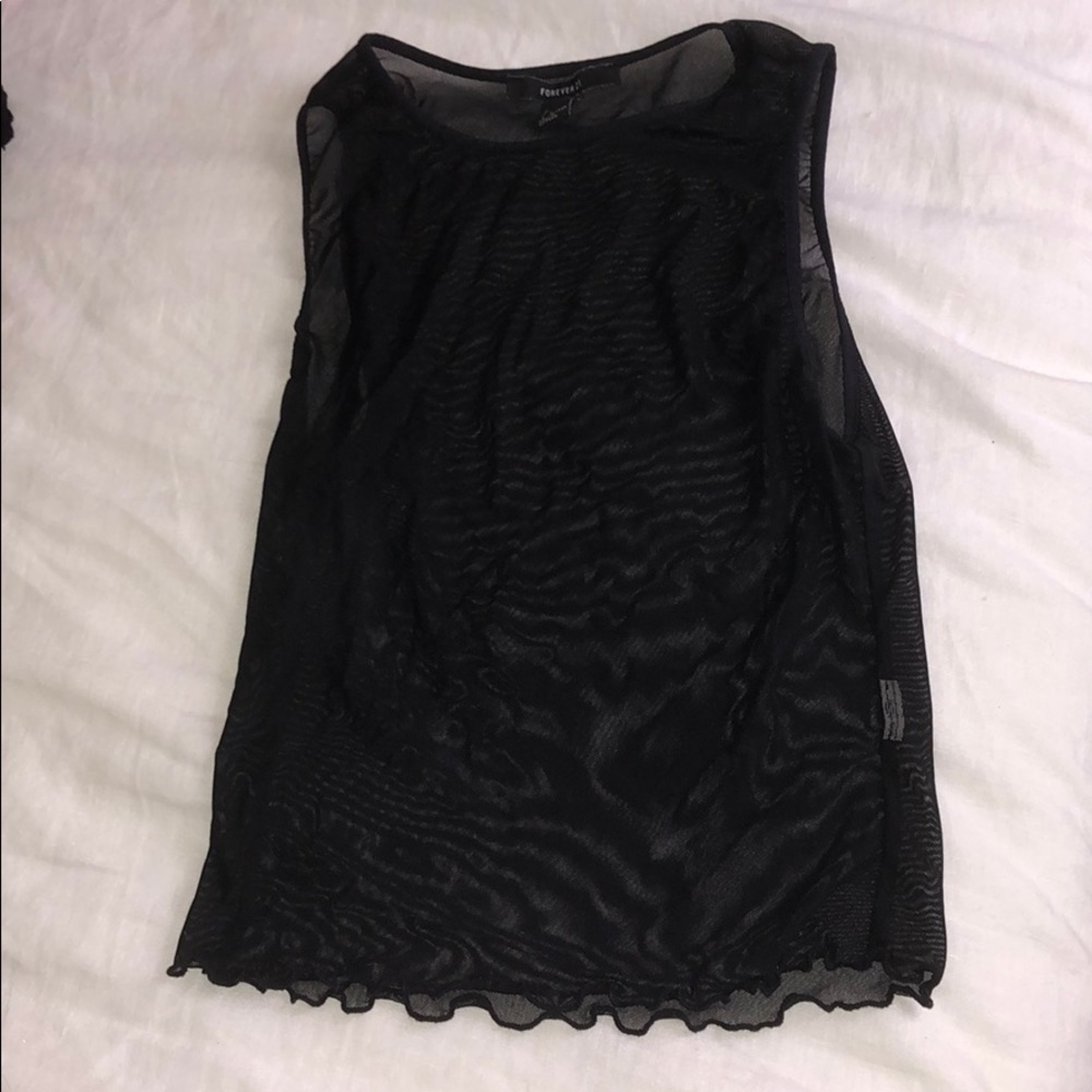 Black sheer top with lettuce trim